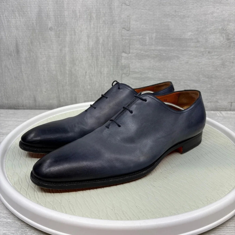 Santoni 2152 Dress Shoes Hand Antiqued Plain Toe Bal Oxford Blue Ombre Leather
